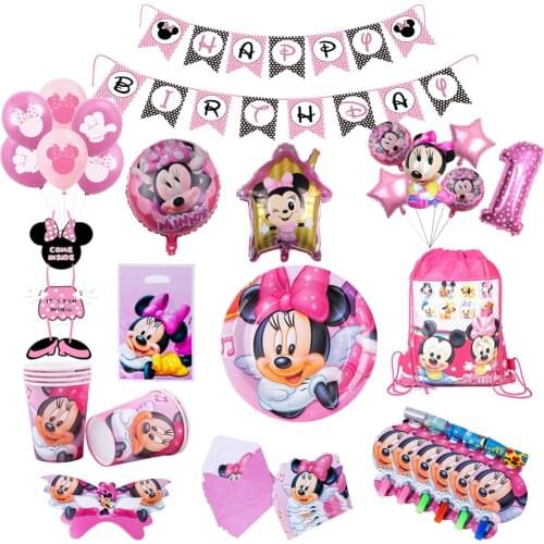 Minnie Mouse Theme Party Supplies Boys Birthday Decorations Paper Cups Plates Straws Banner Balloon Baby Shower Kids Toy