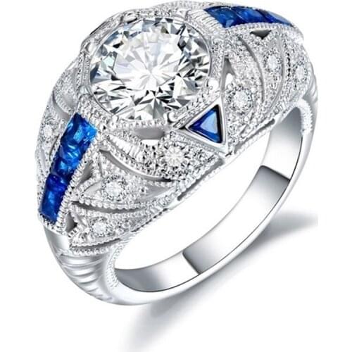 Fashion Silver Plated Gem Created Blue White Crystal Silver Color Wedding Finger Crystal Ring Brand Jewelry Size 5-12