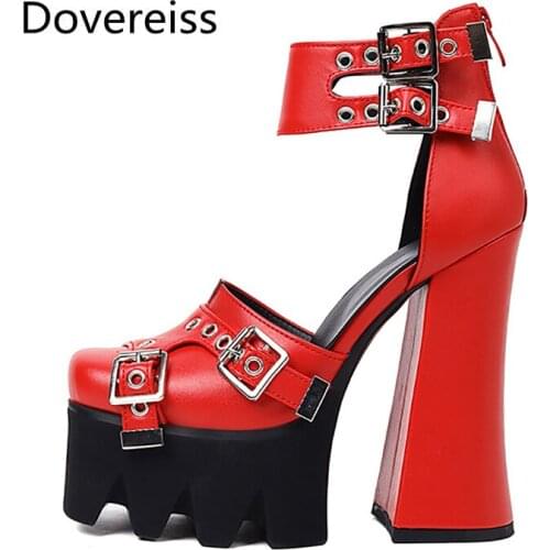 Dovereiss Fashion Summer Womens Shoes Red Brown Elegant Femmes Buckle Chunky heels Waterproof Sandales Sexy Consice 34-43