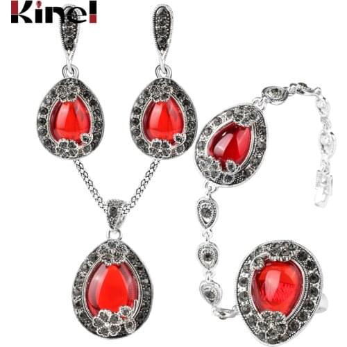 Kinel Fashion Crystal Jewelry Sets For Women Bohemia Silver Color Red Water Drop Resin Vintage Wedding Jewelry Set