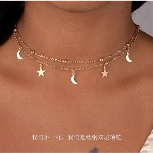 One Gold-plated Double-layer Moon Star Pendant Necklace Bead Chain Womens Party Jewelry Accessories Anniversary Birthday Gift