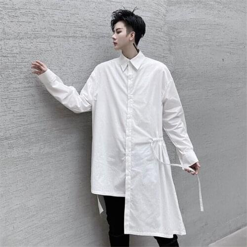 Autumn winter asymmetric design men white long shirt waist drawstring hip hop blouse women harajuku casual oversize shirts