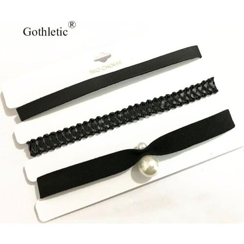 Gothletic 3pcs/set Trio Choker Necklaces Pack Black Suede PU Collar Necklace for Women Fashion Jewelry 2019 NEW