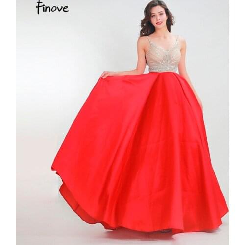 Finove Prom Dress 2020 Long Woman Party Gown Elegant A Line Fully Beaded Sexy V Neck Backless Spaghetti Strap Vestido de fiesta