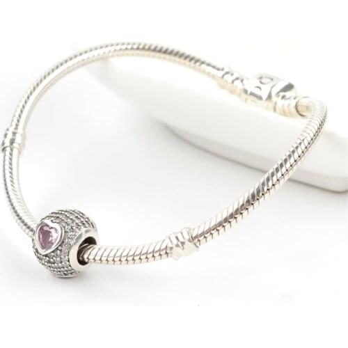 LByzHan 100% Real 92 5 Heart Stone Charm For 3mm Bracelet & Fancy Pink CZ Beads for Women Bracelets Jewelry