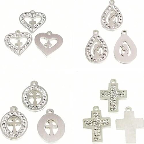 2pcs Rhinestone Stainless Steel Charm Pendant/Virgin Mary/Heart Cross/Fish Bones/DIY Catholic Jewelry Crafts Making P674