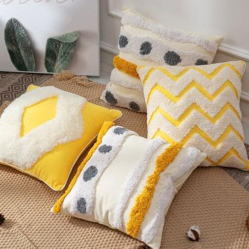 Handmade Luxury Moroccan Style Cushion Cover Boho Ethnic Yellow White Dot Wave Pillow Cover with Tassels 45x45cm HomeDecoration
