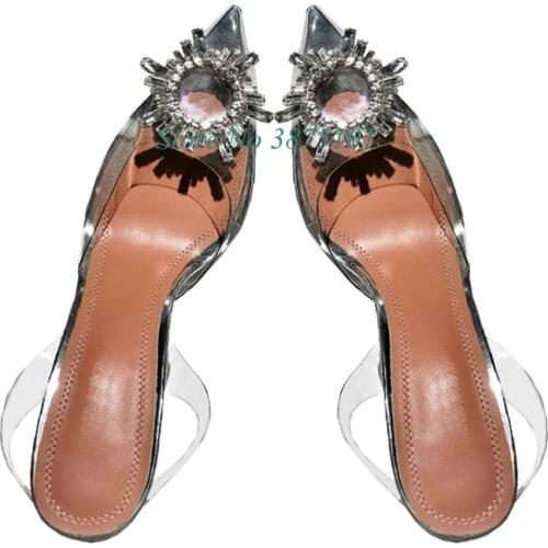 Front Crystal Flat Sandalias Mujer Clear PVC Women Sandals Pointed Toe Slingback Elegant Ladies Party Shoes zapatos de mujer