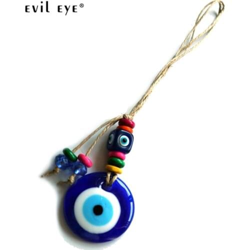 EVIL EYE Blue Turkish Eye Bead Glass Round Pendant Wall Hanging Rope Chain Handmade Decoration for Home Living Room Car LE594