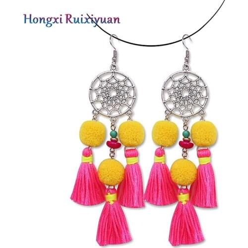 Fashion ear round strand empty spider web alloy earring ladies bohemian fringed wool ball crystal long earring trend jewelry