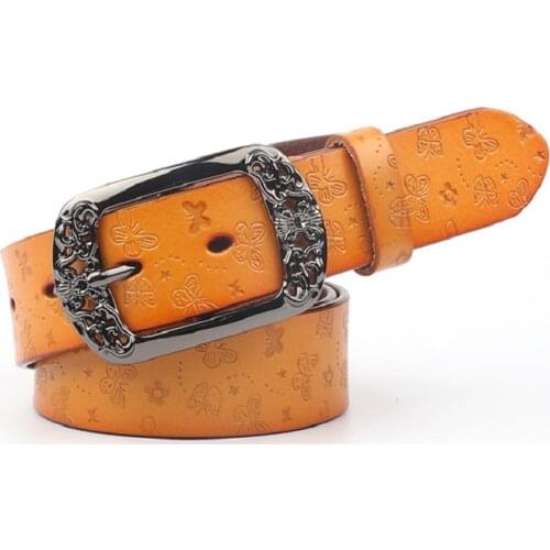Ladies Cowhide Belt Retro All-Match Embossed Butterfly Leather Pin Buckle Belt Business Casual All-Match Factory Wholesale2021