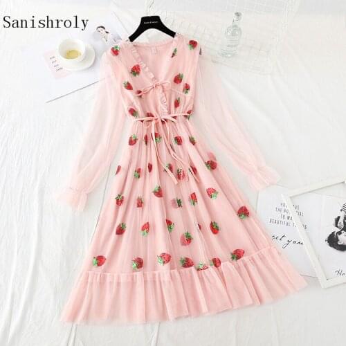 Sanishroly Women V-Neck Strawberry Sequins Embroidery Dress Female Tie Long Sleeve Mesh Dress Long Holiday Beach Vestidos SE1158