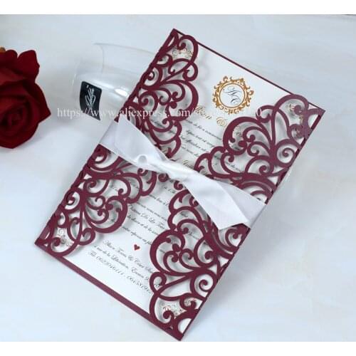 2020 Burgundy Laser Cut Wedding Invitations with Ivory Bow 20+Color Elegnat Invites for Quinceanera Graduation Anniversary
