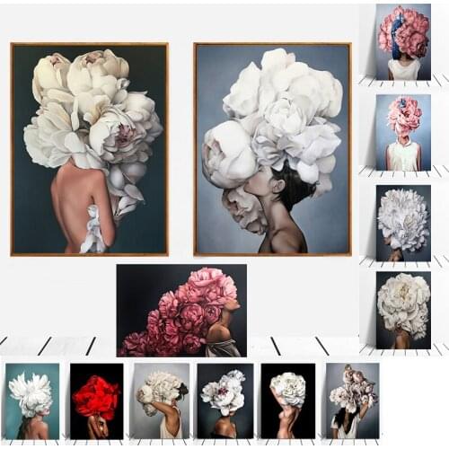 Flowers Feathers Woman Abstract Canvas Painting Wall Art Print Poster Picture Decorative Painting Living Room Home Decoration