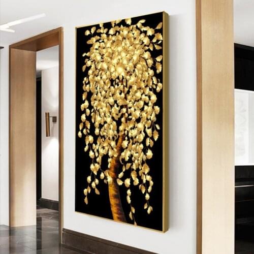 Abstract Golden Leaves and Money Tree Oil on Canvas Painting Posters and Prints Wall Art Pictures Home Decoration No Frame