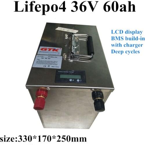 Metal case deep cycle lifepo4 36V 60ah battery with BMS for scooter bike Tricycle Solar backup power golf cart +10A charger