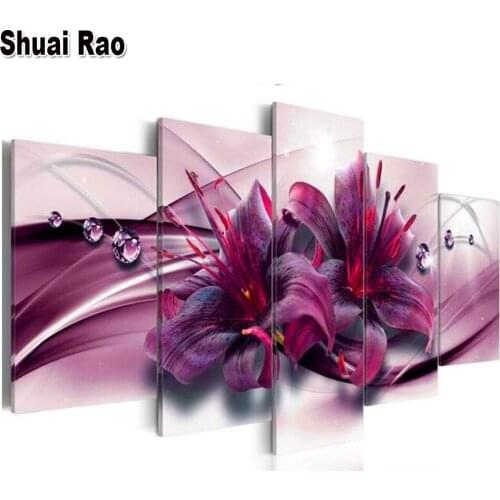 5D Diamond Painting 5 Panel Purple Lily,Full Square&Round Diamond embroidery Cross stitch Diamond mosaic Flower