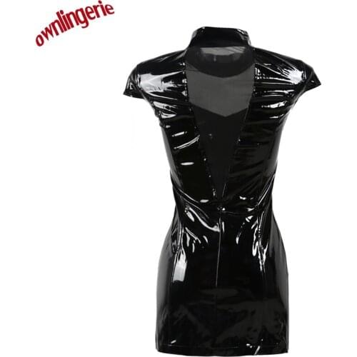 Free shipping short sleeve faux leather black women Front zipper, back mesh yarn hollow bodycon dress for women M7293