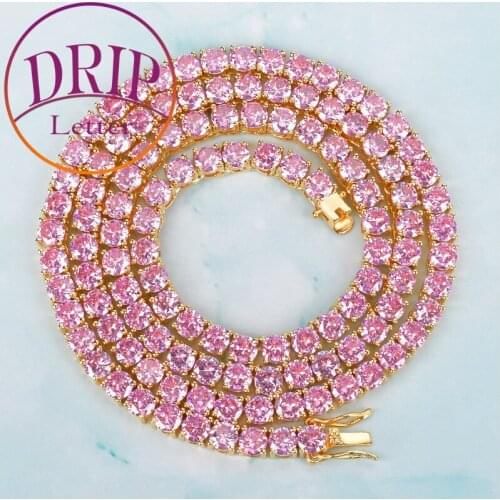 Pink Gold Color Zircon Tennis Chain 1 Row Necklace Mens Women Hip Hop Bling Jewelry Copper Material Link 4mm