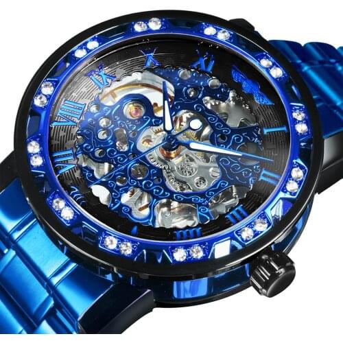WINNER Watch Mechanical Watches Men Skeleton Luxury Brand Crystal Blue Wrist Watch Man Fashion Stainless Steel Relógio Masculino
