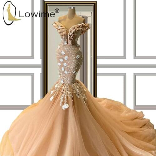 Dubai Champagne Mermaid Evening Dresses Off Shoulder Court Train Evening Gowns Custom Made Formal Female Dresses