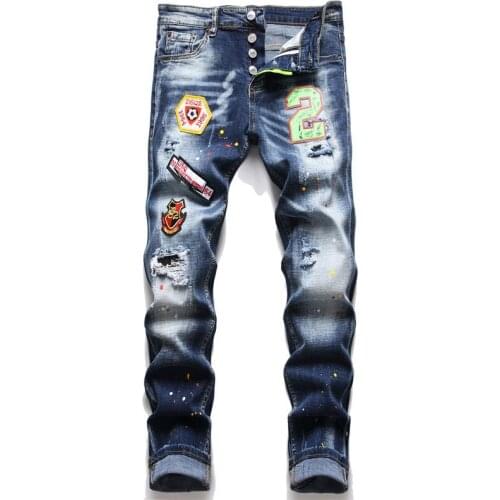 Dsq jeans European Style Mens slim Denim jeans brand patchwork straight zipper jeans pants blue hole brand jeans for men