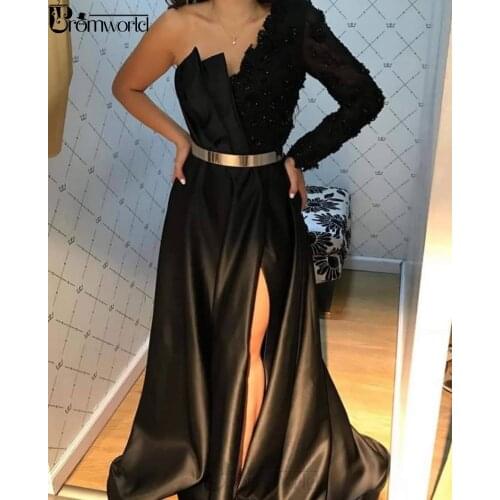 Elegant A-Line Black Evening Dress Sexy Slit One Shoulder Lace Long Sleeve Party Gowns Prom Dresses Long 2020 vestido de festa