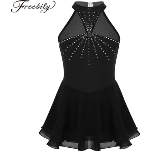 Freebily Kids Teens Girls Sleeveless Sparkly Rhinestones Mesh Splice Figure Skating Dress Ballet Gymnastics Leotard Dance Wear