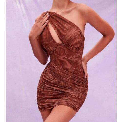 Brown Print Hollow Out One Shoulder Backless Bodycon Dress Sexy Woman Dress Elegant Evening Party Club Outfits