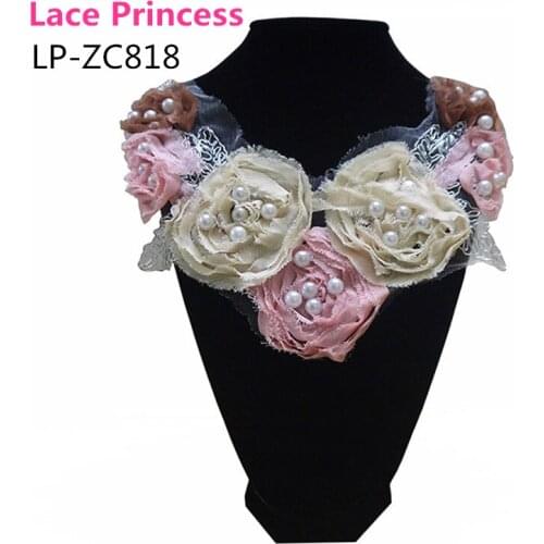 LP - ZC818 3 PCS 300*250mm DIY 3D white beads chiffon flower lace collar Craft Neckline decorative applique lace