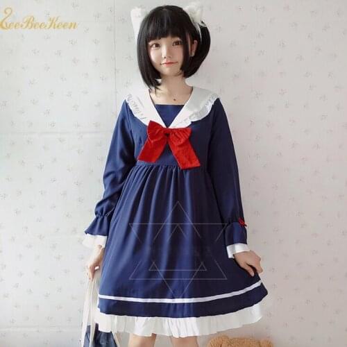 Sweet Lolita Dress Blue Lolita OP Dress College Uniform Sailor Costume Anime Navy Dress Student Suit Cute Girl Halloween Cosplay