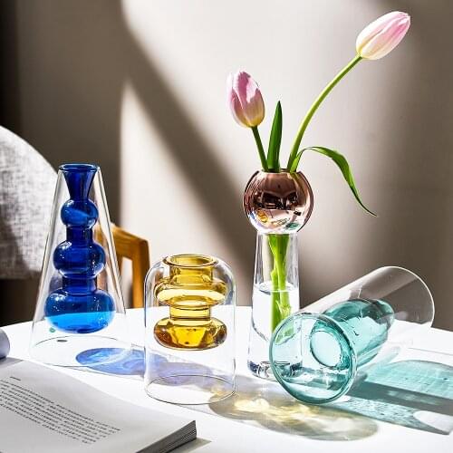 Minimalist Nordic Double-Layer Stained Glass Vase Hydroponic Flower Vase Home Decoration Christmas Gift Wedding Desk Decoration