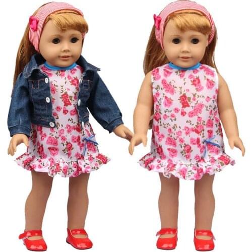 Fashion Denim Coat + Printed Dress Three Piece Set Two Wearing Methods Fit 18 Inch American 43cm Baby Doll Clothes Accessories