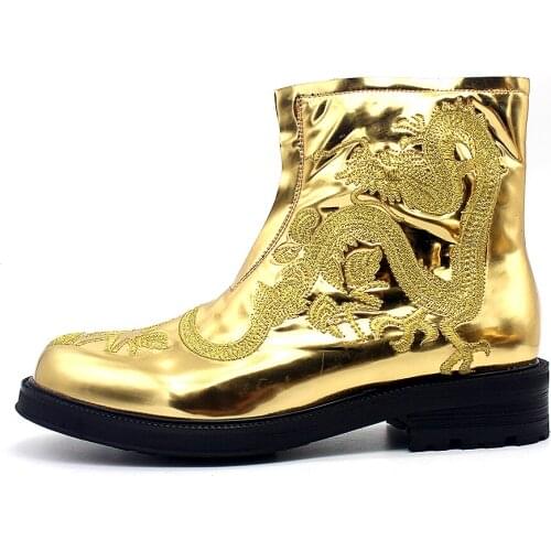 Gold Embroidery Fashion Boots High top Cow leather Free Shipping Mens Winter Martin Boots Shoes