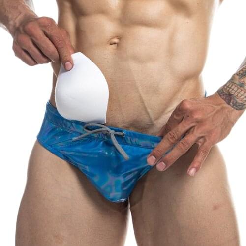 Men Swimming Bikini with Pad Shiny Faux Leather Lacing Waist Bathing Suit Quick Dry Beachwear Trunks Swimsuit Briefs Underwear