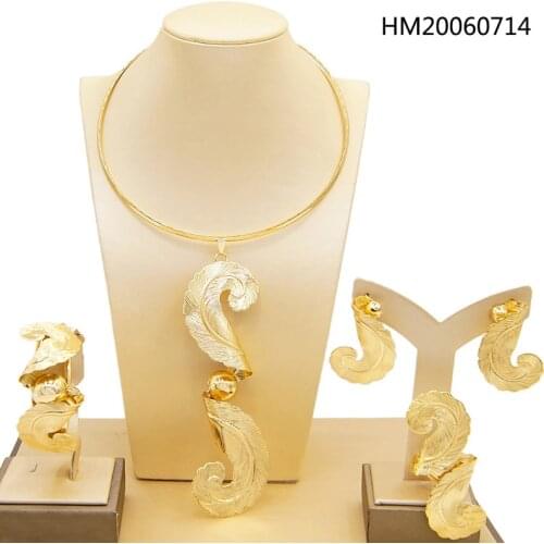 Yulaili Big Gold Jewelry Sets Leaf Shape Necklace Earrings Bracelet Ring for Women African Wedding Gift High Quality Accessories