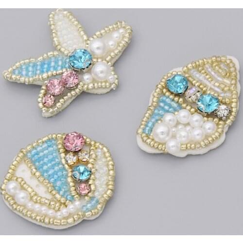 3Pcs/Set Shell Starfish Conch Rhinestone Beaded Patches Sewing on Diy Applique Patches For Shoes Bags DIY Supplies