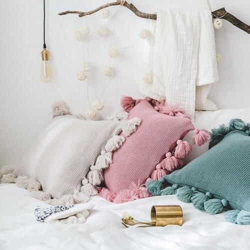 Knit Tassels Cushion Cover Solid Color Beige Pink Green Pillow Case Soft For Sofa Bed Nursery Room Decorative Without Stuffing