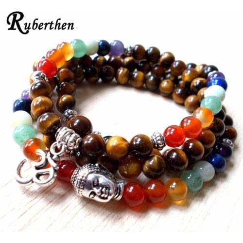 Ruberthen Fashion Women`s Bracelet 7 Chakra 108 Mala Design Bracelet Natural Tiger Eey Buddha Head Bracelet Trendy Yoga Gift