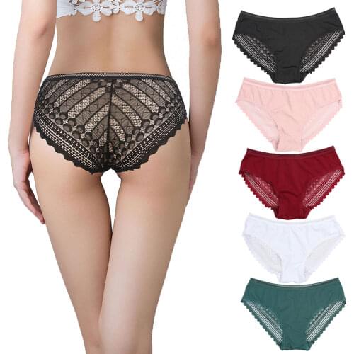 5pcs/lot Sexy Lace Briefs Mesh Panties Hollow Out Transparent Breathable Underwear Women Female Seamless Ics Silk