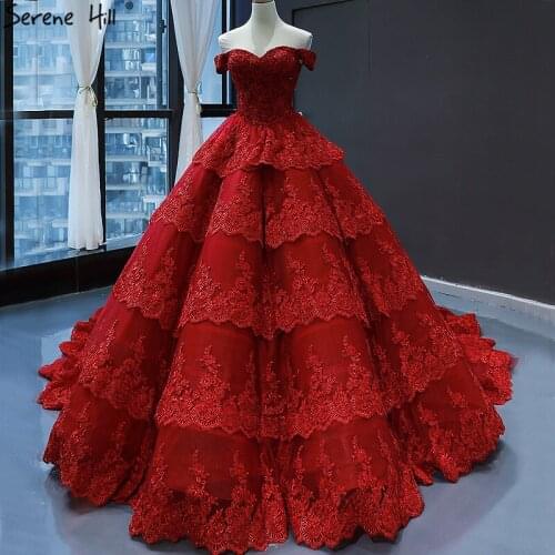 Wine Red Off Shoulder High-end Sexy Wedding Dress 2020 Tiered Vintage Lace Bridal Gowns Real Photo 66786 Custom Made
