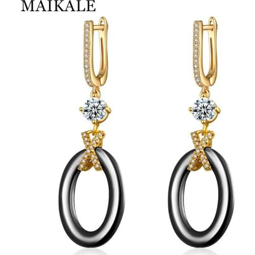 MAIKALE Creative Design Round Circle Ceramic Drop Earrings CZ Zirconia Hanging Dangle Earrings for Women Jewelry Luxury Gifts