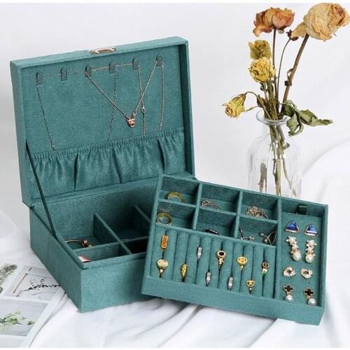 2021 Green Flannel Stud Jewelry Organizer 2-layers Large Ring Necklace Makeup Cases Velvet Jewelry Box with Lock for Women