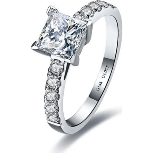 1CT Solid 585 Gold Princess Superior Diamond Women Wedding Ring Perfect Design White Gold Jewelry For Female