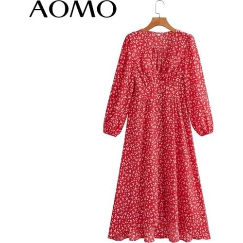 AOMO 2021 Fashion Women Red Flowers Print A-line Dress Vintage Long Sleeve Office Ladies Midi Dress 8Y67A