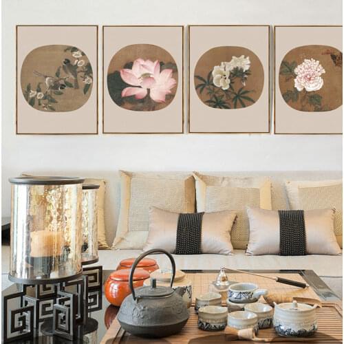 4 Piece Ancient Chinese Painting Print Canvas Lotus Wall Art Pictures For Living Room Study Decor No Frame
