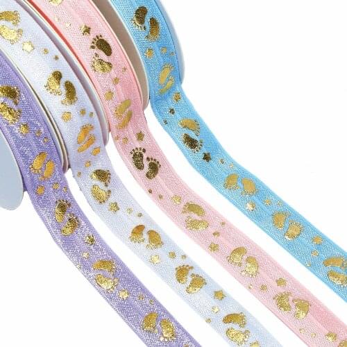 5/8" gold foil Footprints FOE fold over elastic for DIY ties garment cloth accessories
