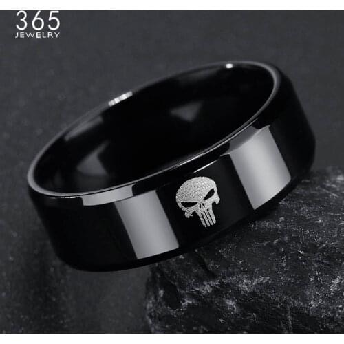 Brand Jewelrys Stainless Steel Skull Punisher Ring Black Color Engraved Skeleton Logo Ring Party Gift