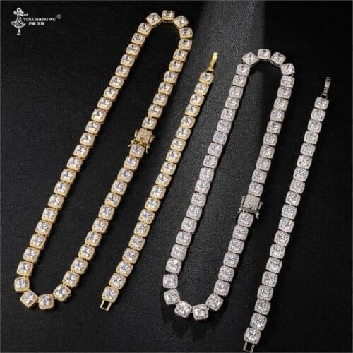 Hip Hop 10MM Bling Cubic Zirconia Iced Out Bracelet Necklace 1set Geometric Square AAA CZ Stone Tennis Chain For Men Jewelry New