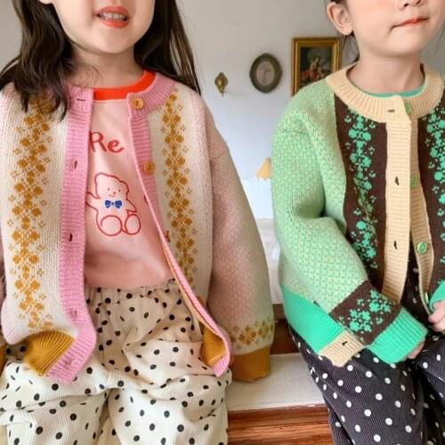 2021 Autumn and Winter Girls Fashion Retro Cardigan Children Unisex Plaid Thick Knitted Warm Sweater Lace Floral Sweater